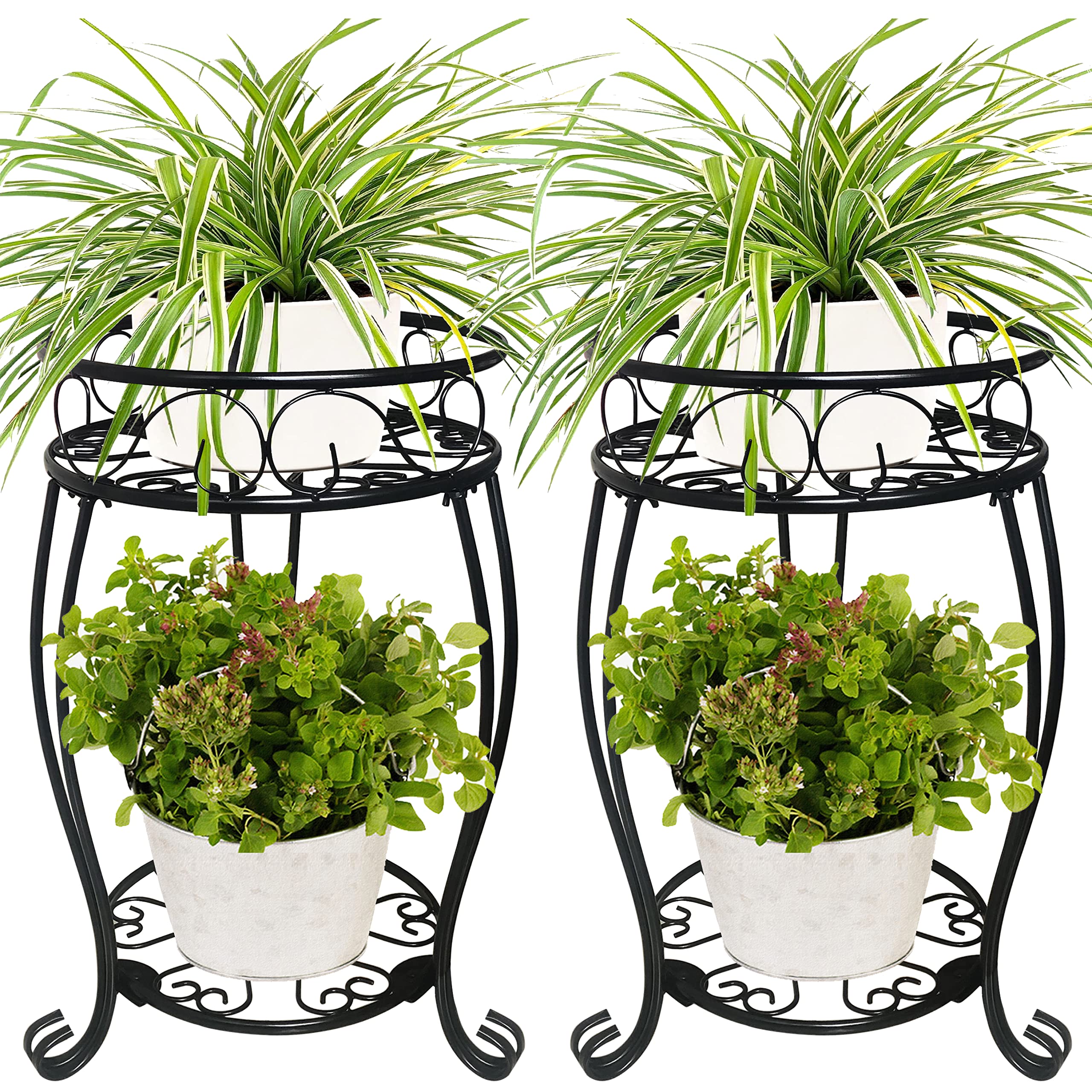 Photo 1 of 2 Pack 19.2 inch Metal Plant Stand Rack for Round Flower Pot, 2 Tier Potted Holder Indoor Outdoor Rustproof Wrought Iron Heavy Duty Planter Shelf for Corner Living Room Balcony Garden Patio, Black