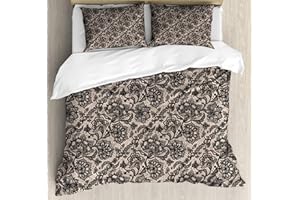 Ambesonne Gothic Duvet Cover Set, Abstract Graphic Lace Pattern Flowers Butterflies Old Fashioned Nature Inspired, Decorative 3 Piece Bedding Set with 2 Pillow Shams, King Size, Tan Black