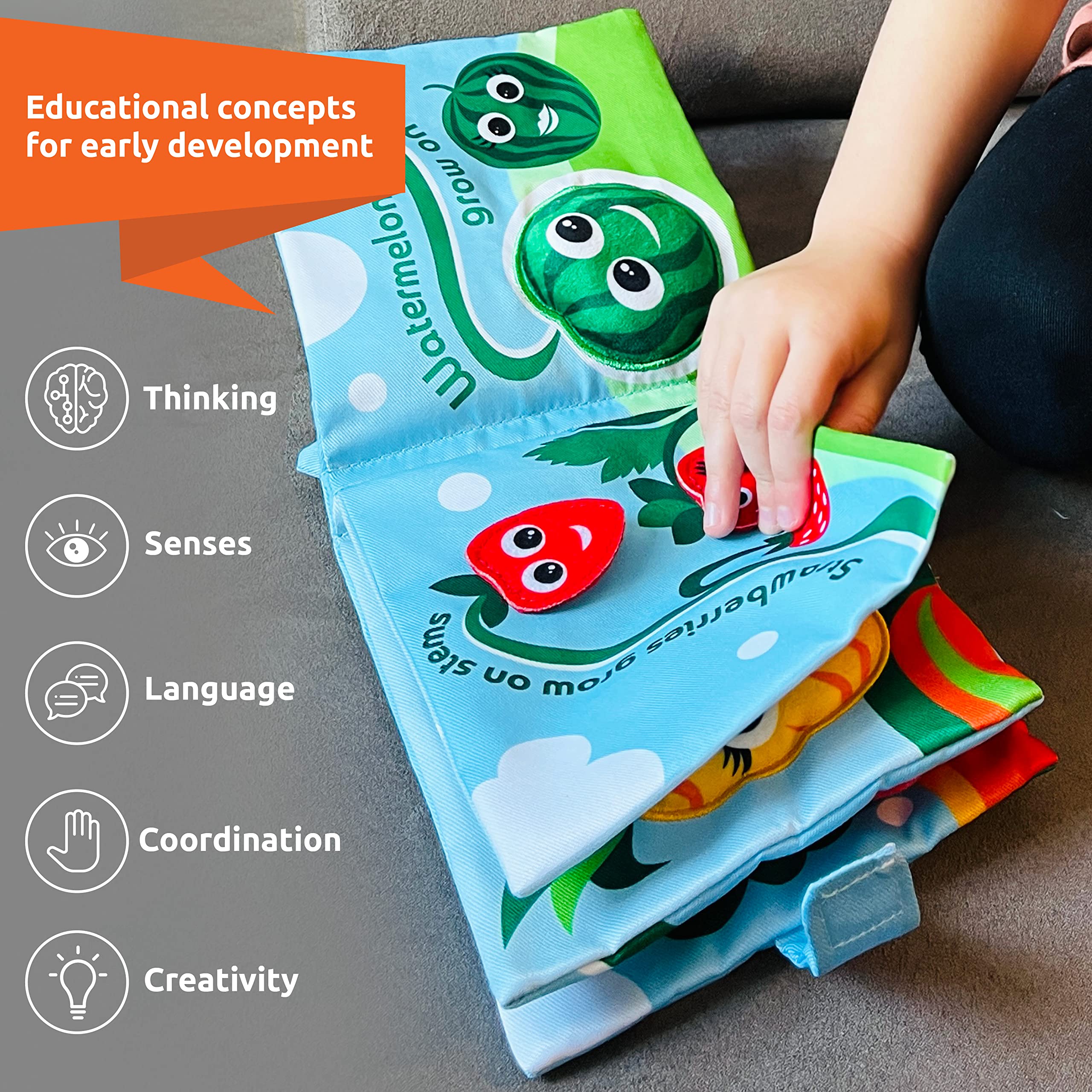 Soft Baby Book, ''Where Veggies & Fruits Come from''. Interactive Teething Infant Book, Touch & Feel, Crinkle Cloth Book for Babies 3 Months+