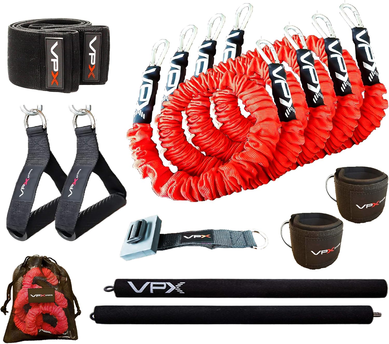 VPX Total Body Portable Home Gym | 14 Accessories Resistance Training System | Collapsible Bar, 2 Sets Resistance Bands, Straps, Handles, Hip Loops, Door Anchor | 100+ Exercises, Videos, Program