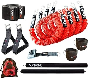 VPX Total Body Portable Home Gym | 14 Accessories Resistance Training System | Collapsible Bar, 2 Sets Resistance Bands, Straps, Handles, Hip Loops, Door Anchor | 100+ Exercises, Videos, Program