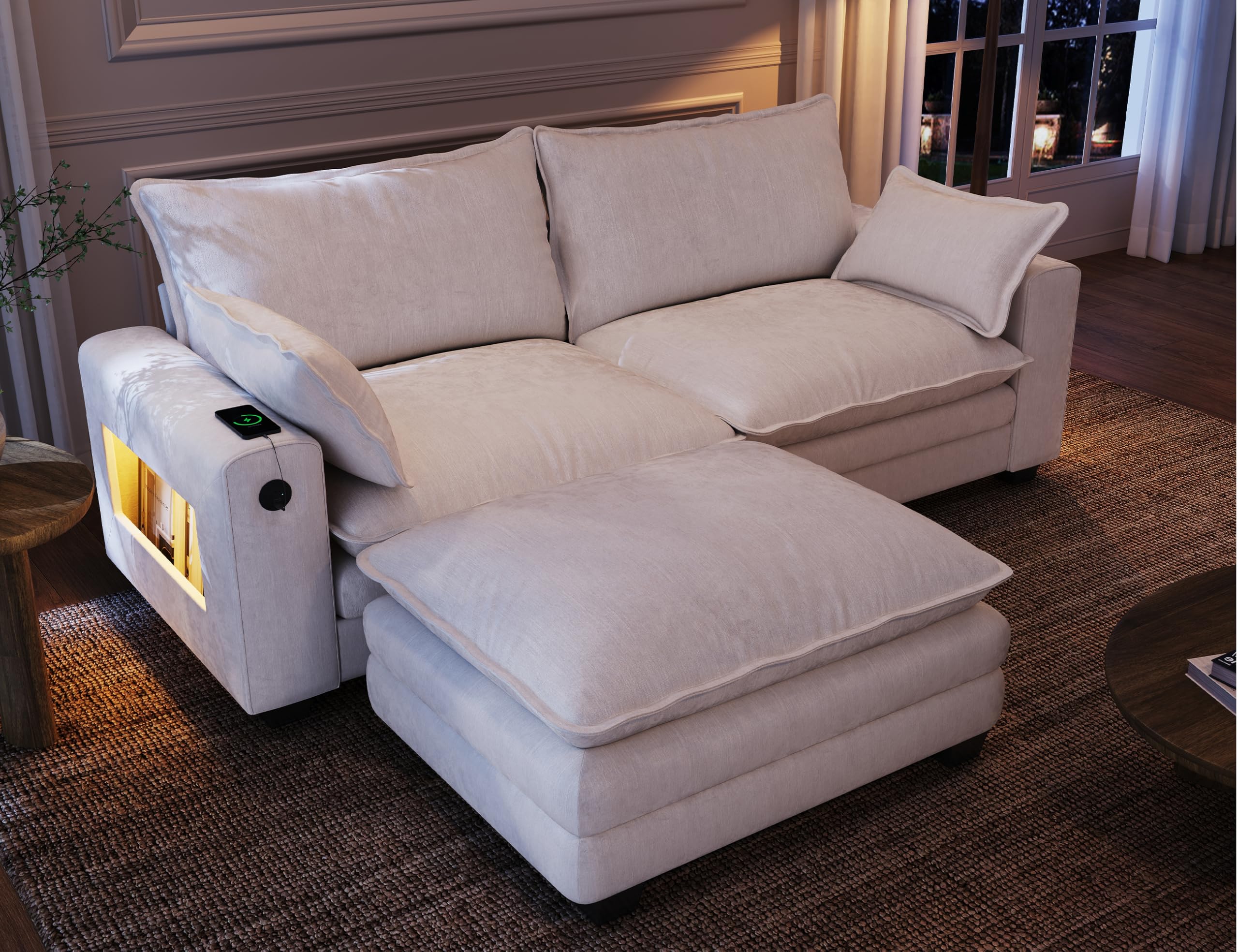 Photo 1 of ****FACTORY SEALED****
MapleGrace 80" L Shaped Sofa Sectional Cloud Couch with Ottoman, Modern Chenille Fabric Sofa with Wide Armrest, Storage, Charging Station, Led Lights for Living Room, Bedroom and Apartment, White