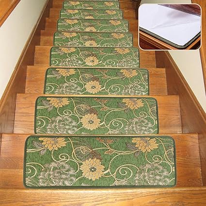 Set of 7 26X10 Inch Green Soloom Non Slip Stair Treads Carpet Set of 7 Ble