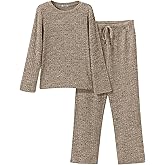 Ekouaer Womens Ribbed Knit Lounge Set Long Sleeve Top and Long Pants Sleepwear Pajama Set Two Piece Matching Set with Pockets