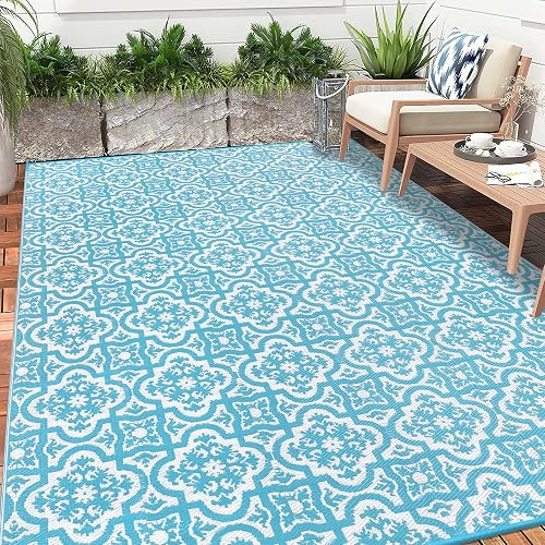 Enyhom Large Outdoor Rug for Garden 180x270cm Waterproof Patio Print Reversible Mat Lightweight RV Camping Outdoor Area Rug Plastic Straw Carpet for Balcony Deck Backyard Picnic Porch Beach, Teal
