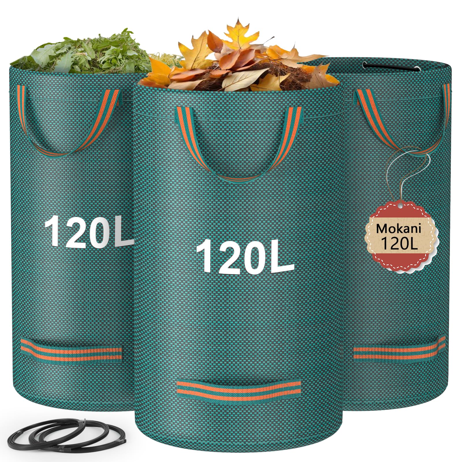Mokani Garden Waste Bags Heavy Duty with Handles, 120L x 3 Reusable Garden Sacks, Foldable Camping Recycling Bags for Leaf, Trash, Debris, Garden Rubbish Bags Waterproof