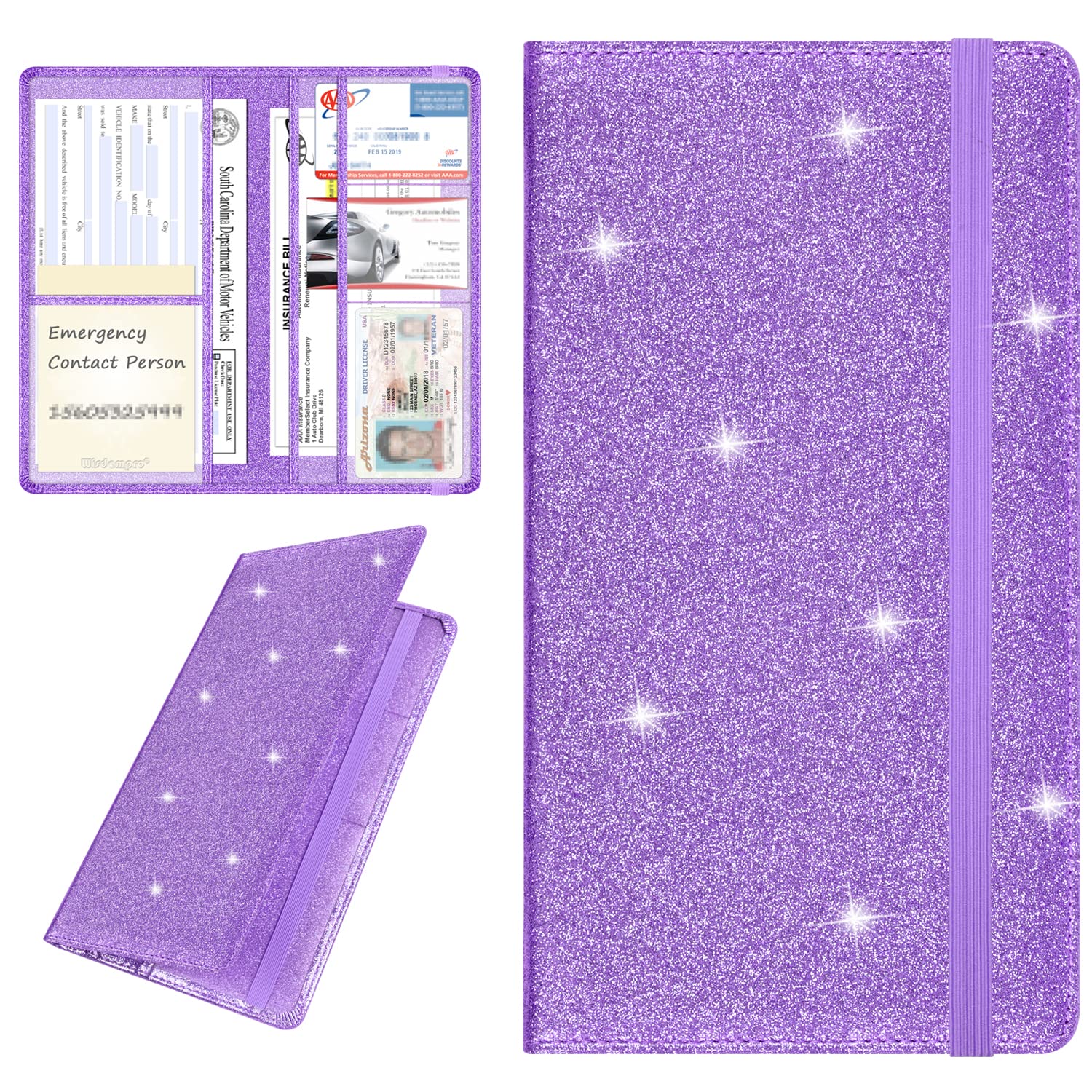 wisdompro Car Document Wallet, PU Leather Car Registration and Insurance Holder - Vehicle Paperwork Wallet Case Organizer for ID Card, Driving Licence, Key Contact Information Cards - Bling Purple