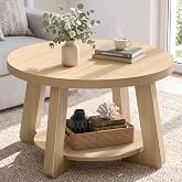 MEUIS Round Coffee Table with Storage Shelf - Table for Living Room, Natural Oak
