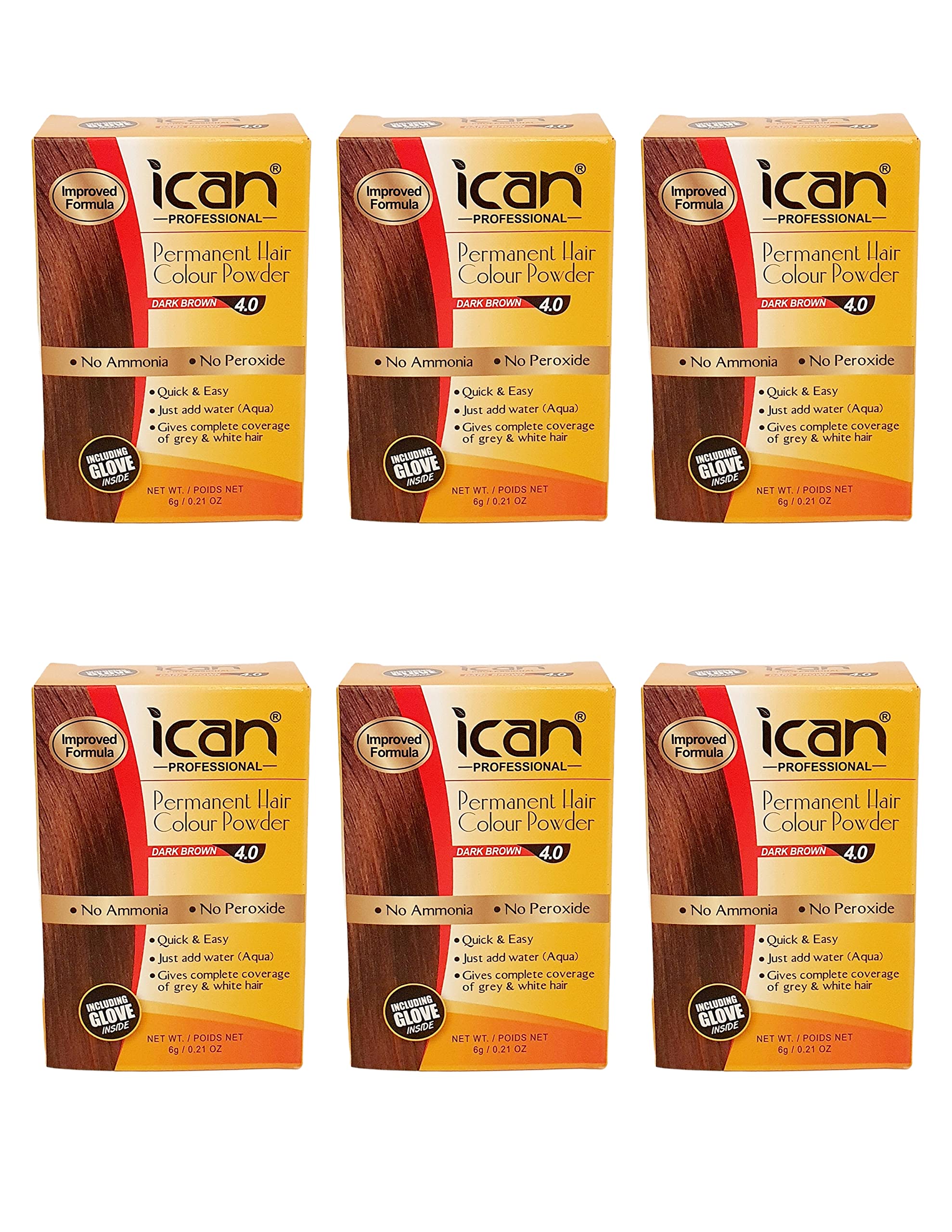 ICAN PERMANENT HAIR COLOR POWDER, NO AMONIA, NO PEROXIDE (4.0 DARK BROWN) 6 X PACK