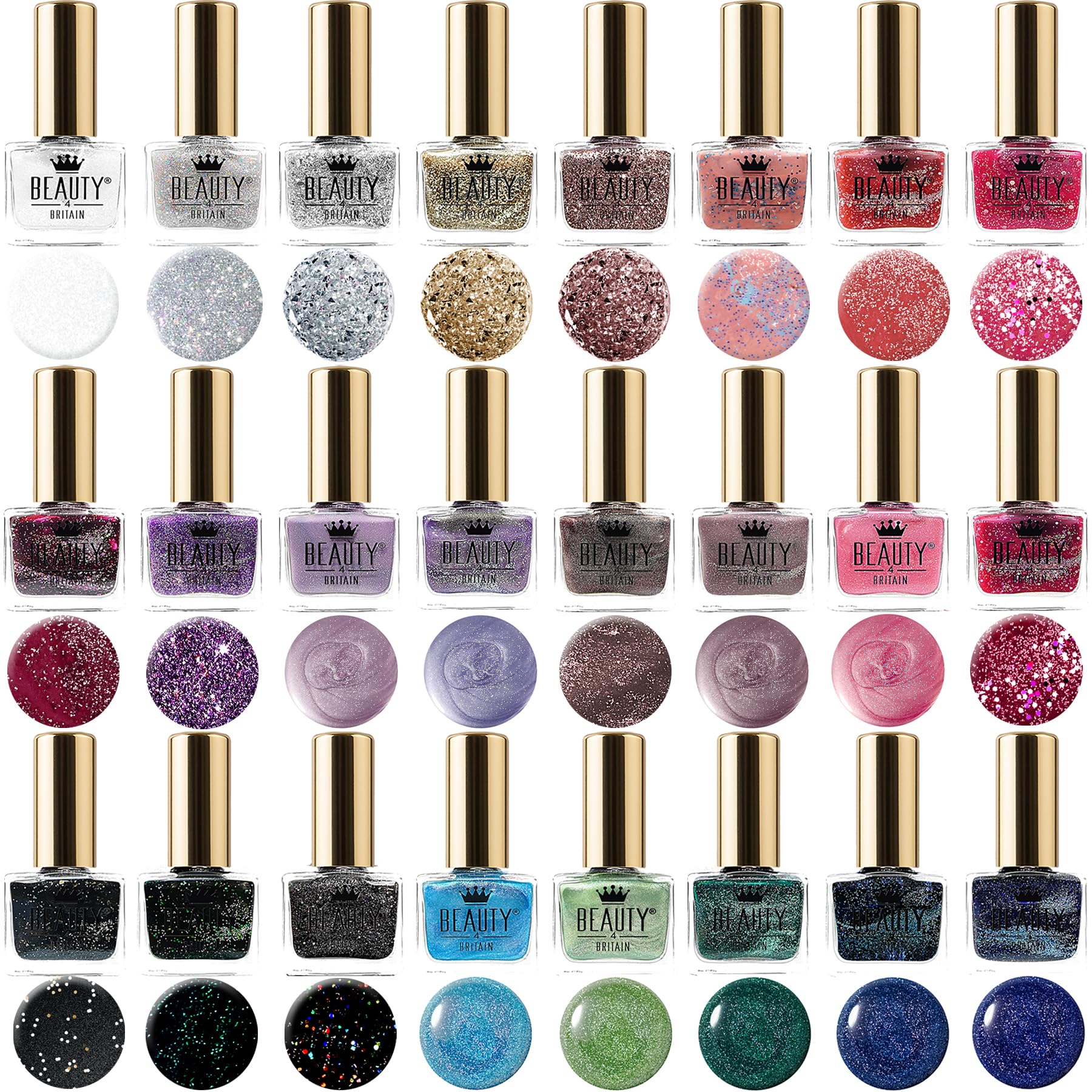 Beauty4Britain 24 x Glitter Nail Polish Set 24 Distinctive Shades 6.5 ML Contrasting Gold Caps