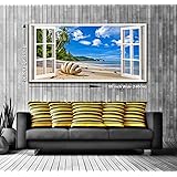 Shells on the Beach View from a Window Panoramic Canvas Wall Art Print Framed XXL 55 inch x 24 inch Over 4.5 ft Wide x 2 ft High Ready to Hang