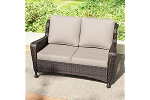 Gardenbee Patio Loveseat, Outdoor 2-Seat Wicker Sofa with Thickened Seat Cushions, All-Weather, High Back and Wide Armrest for Porch, Balcony, Deck, Poolside, Beige