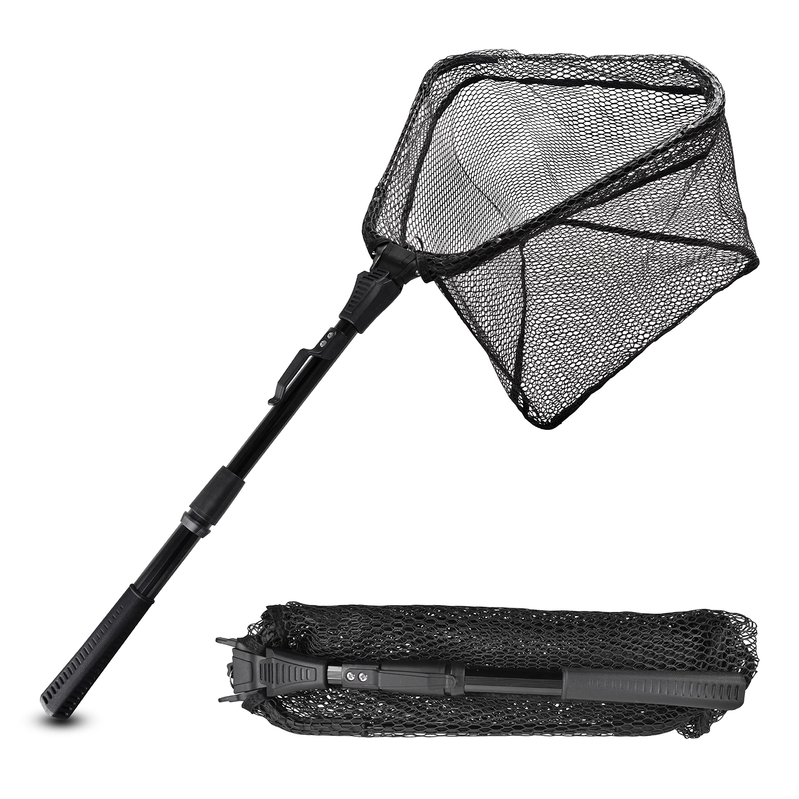 Folding Fishing Landing Net Collapsible Dip Net Telescopic Pole Extensible Fishing Net for Kayak Boat Saltwater Freshwater Safe Fish Catching or Releasing (Black, 37in/93cm Full - Telescopic Pole)