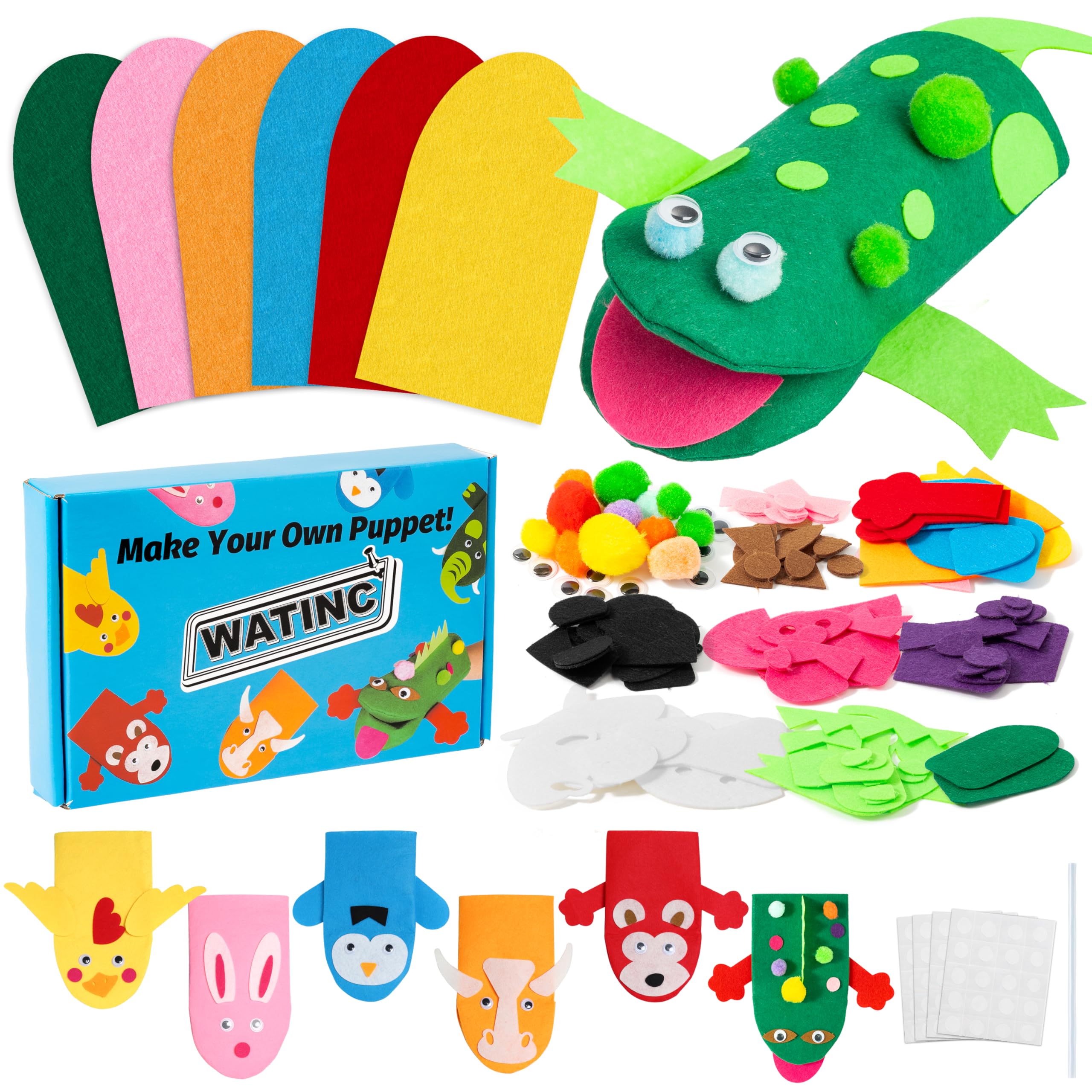 WATINC 6Pcs Animal Hand Puppet Making Kit for Kids Toddlers DIY Art Craft Felt Party Supplies Children Role Play Toys Show Include Colorful Hand Puppets, Pom poms, Googl Eyes, DIY Felt Decors — image 1