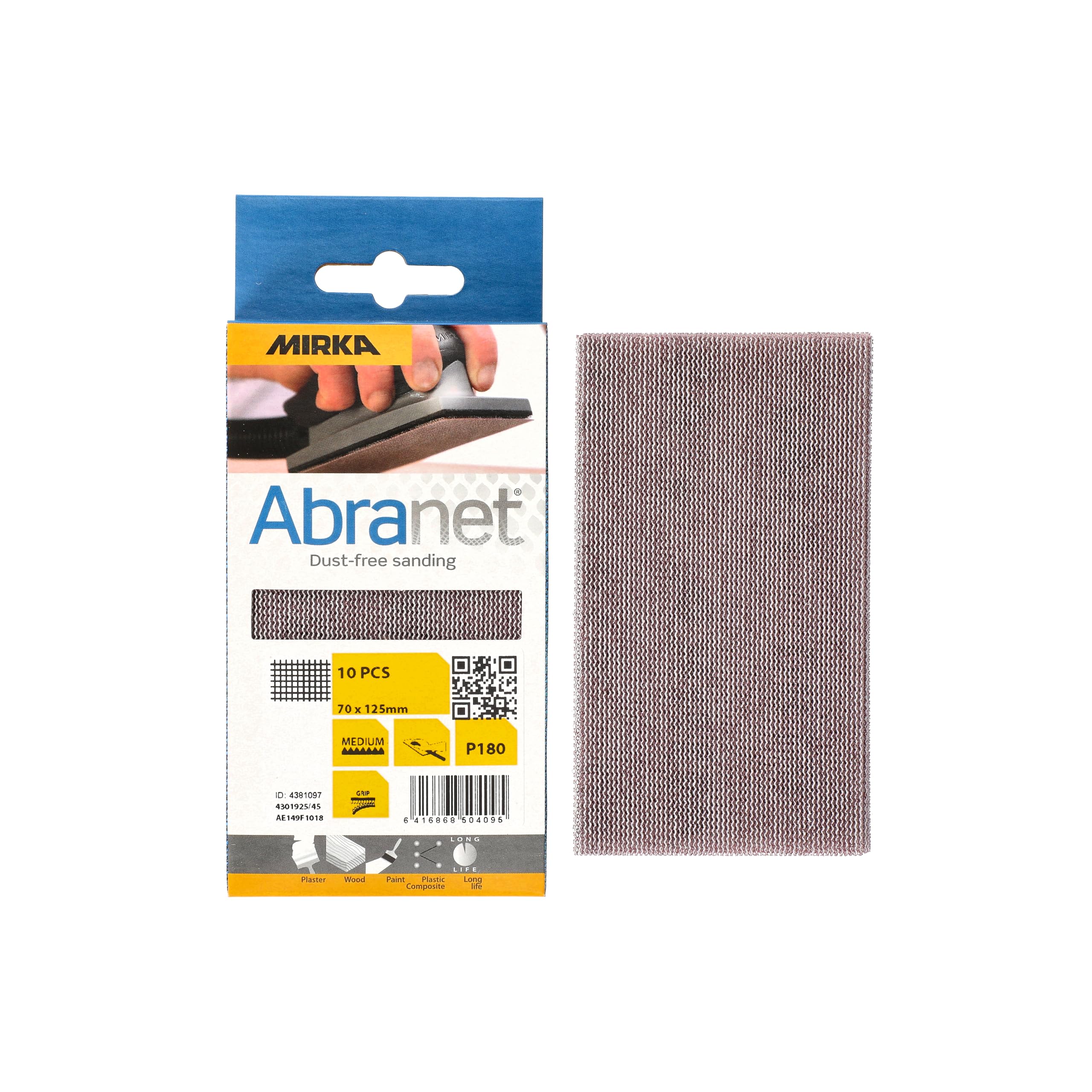 Mirka Abranet net sandpaper strips 70 x 125 mm Hook & loop/Grit P180 / 10 pcs/for sanding wood, walls, metal, aluminium, stainless steel, filler, varnish, plastic / AE149F1018