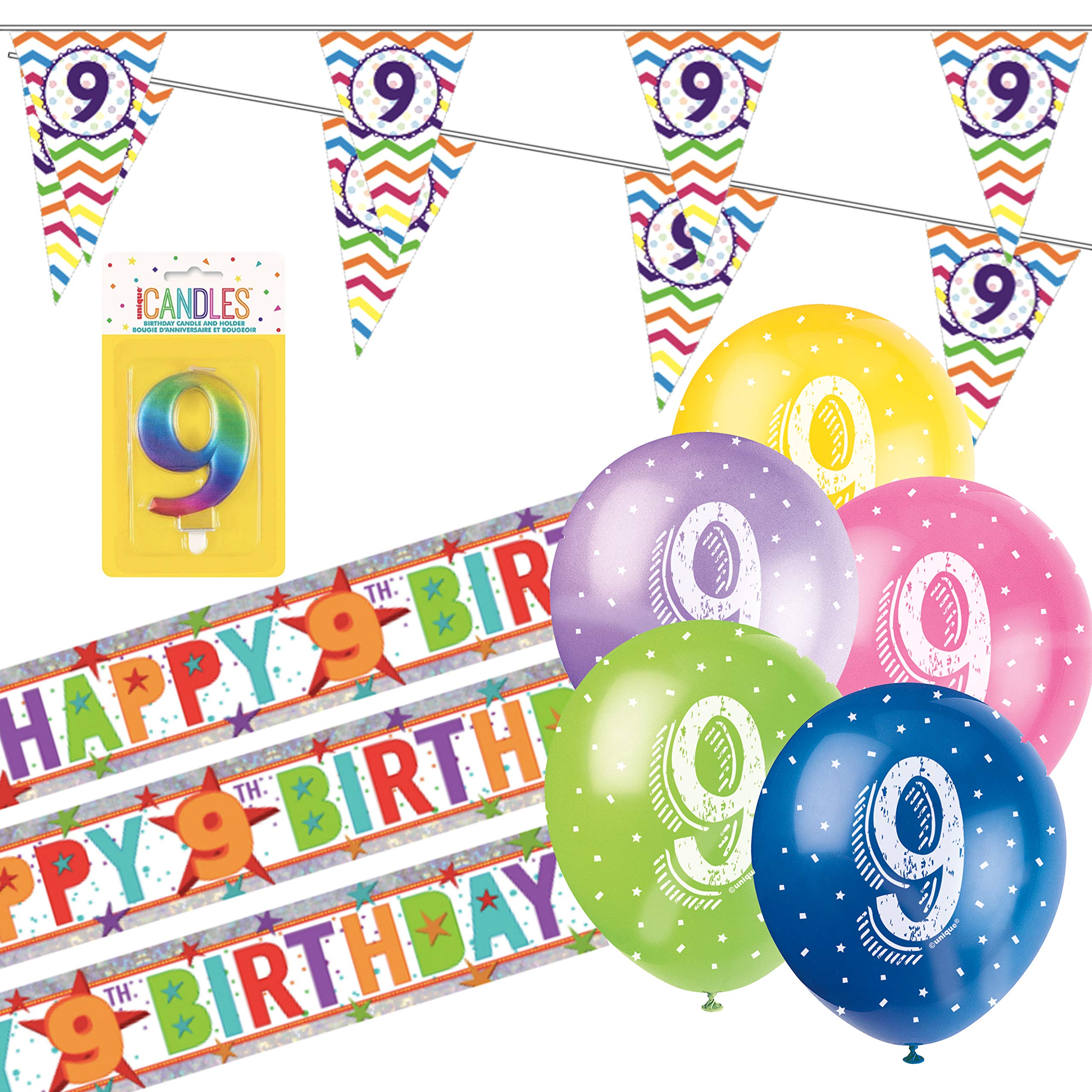 9th Birthday Kit: 9th Birthday Bunting, Banners, Balloons, Candle