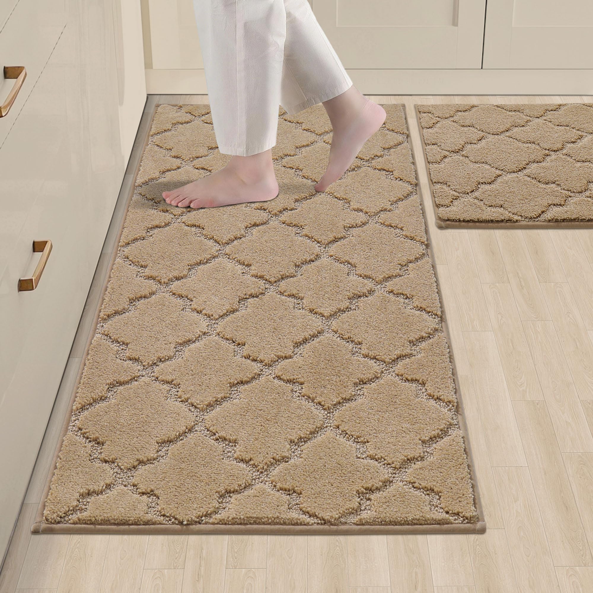 Photo 1 of COSY HOMEER Soft Kitchen Rugs [2 PCS] for in Front of Sink Super Absorbent Kitchen Floor Mats and Mats 20x30 Inch/20X48 Non-Skid Kitchen Mat Standing Mat Washable,Polyester,Beige
