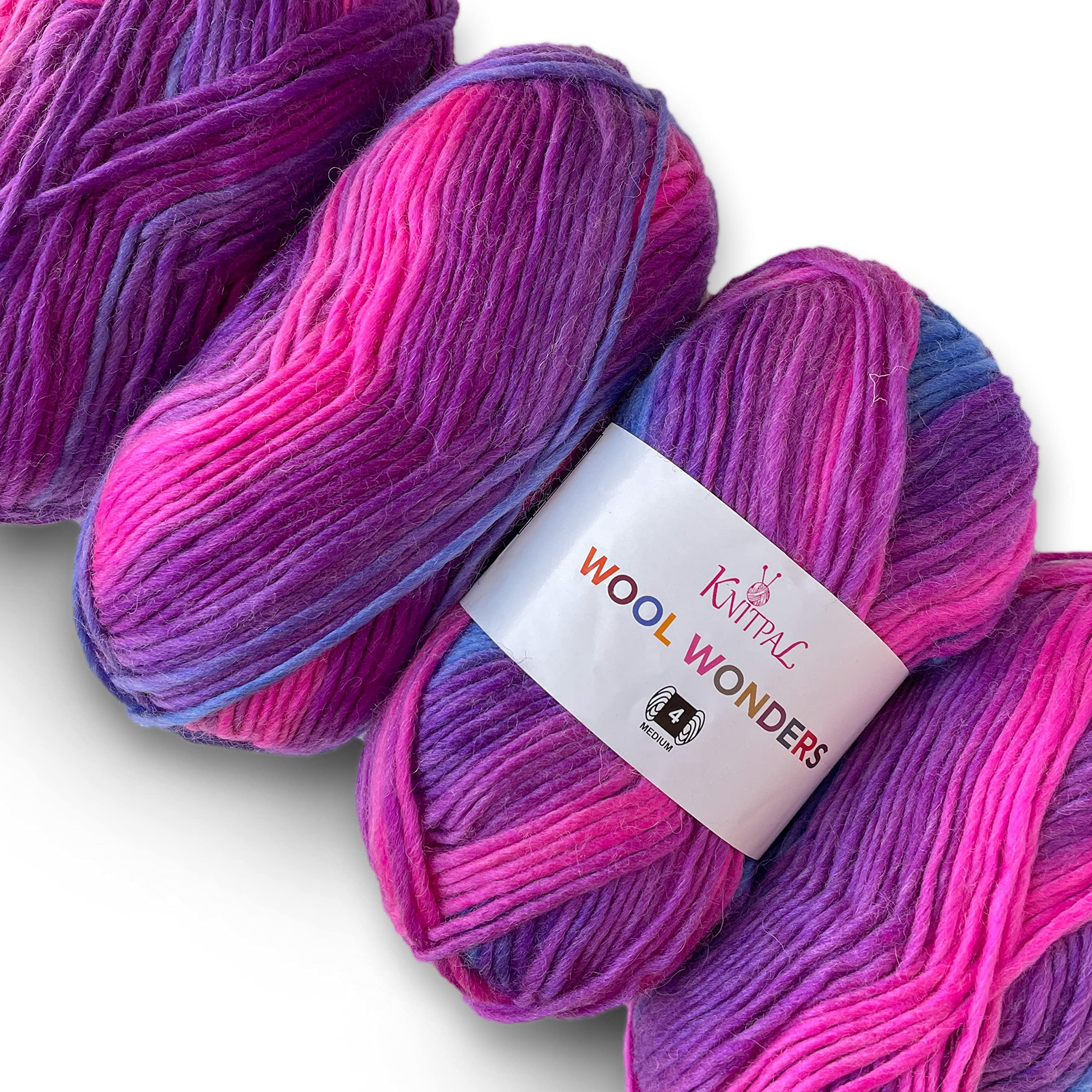 Wool Wonders Medium Heavy Worsted/Aran Weight #4 Super Soft Variegated Yarn for Knitting and Crochet, 30% Australian Wool and 70% Acrylic, 4 Skeins, 400g/640yds (Purple Ombré)