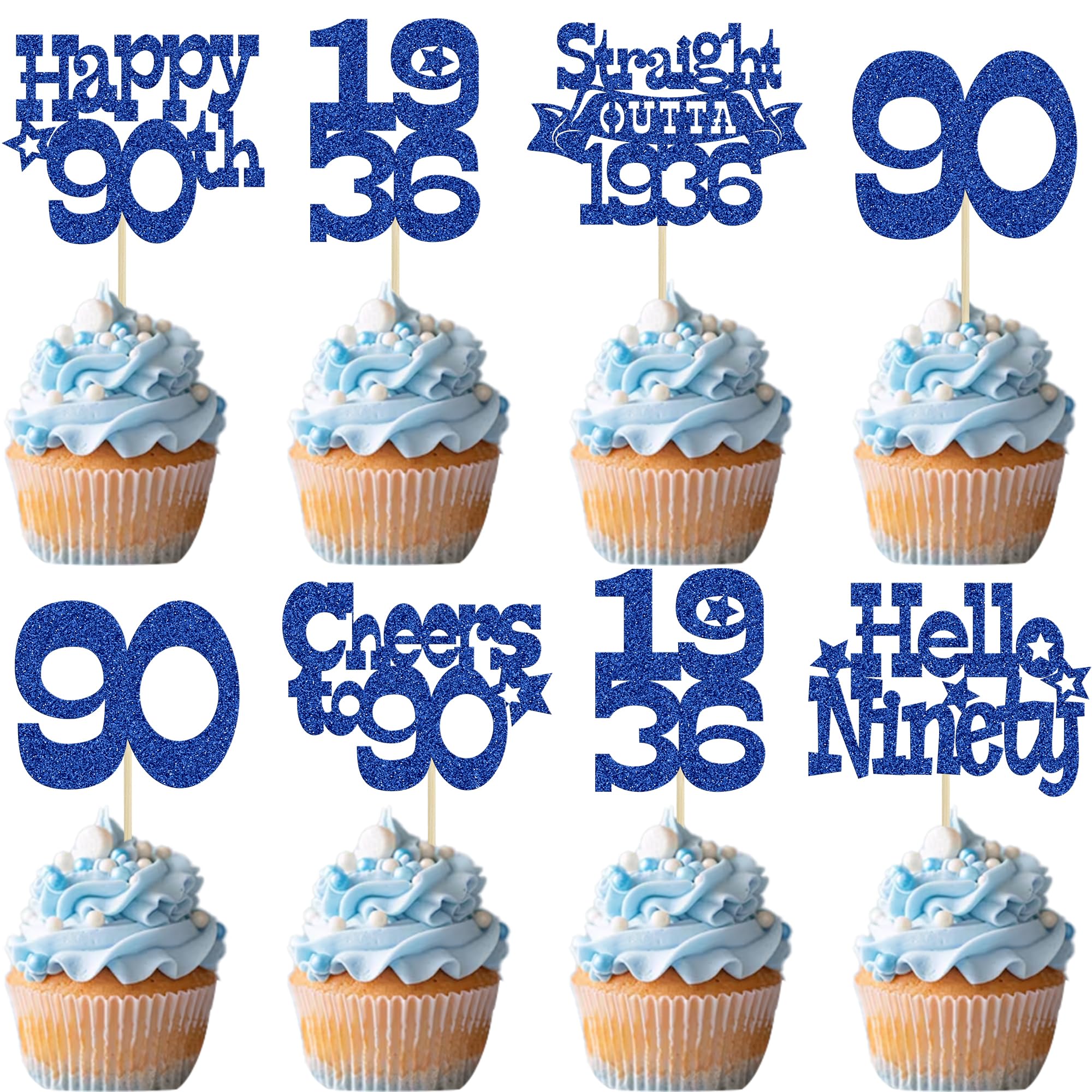 Ephlyn 30Pcs Happy 90th Birthday Cupcake Toppers Glitter Ninety Straight Outta 1936 Cupcake Picks Cheers to 90 Years Cake Decorations for Happy 90th Birthday Anniversary Party Supplies Blue