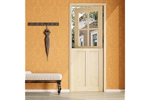 AINLARRY 30" x 80" Dutch Door Slab，1.75-inch Solid Pine Wood Front Entry Interior Design，4 Lite Tempered Clear Glass and 2 Panel Split Single Door，Exterior Use for Proch,Backyard Entries & Back​
