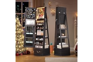 TAGELIER 360°Swivel jewelry organizer with Full Length Mirror with Lights,Jewelry Armoire Cabinet Standing with Drawers,Large Mirror Storage for Jewelry and Makeup,Best Gift for Wife & Girls, Wood grain black