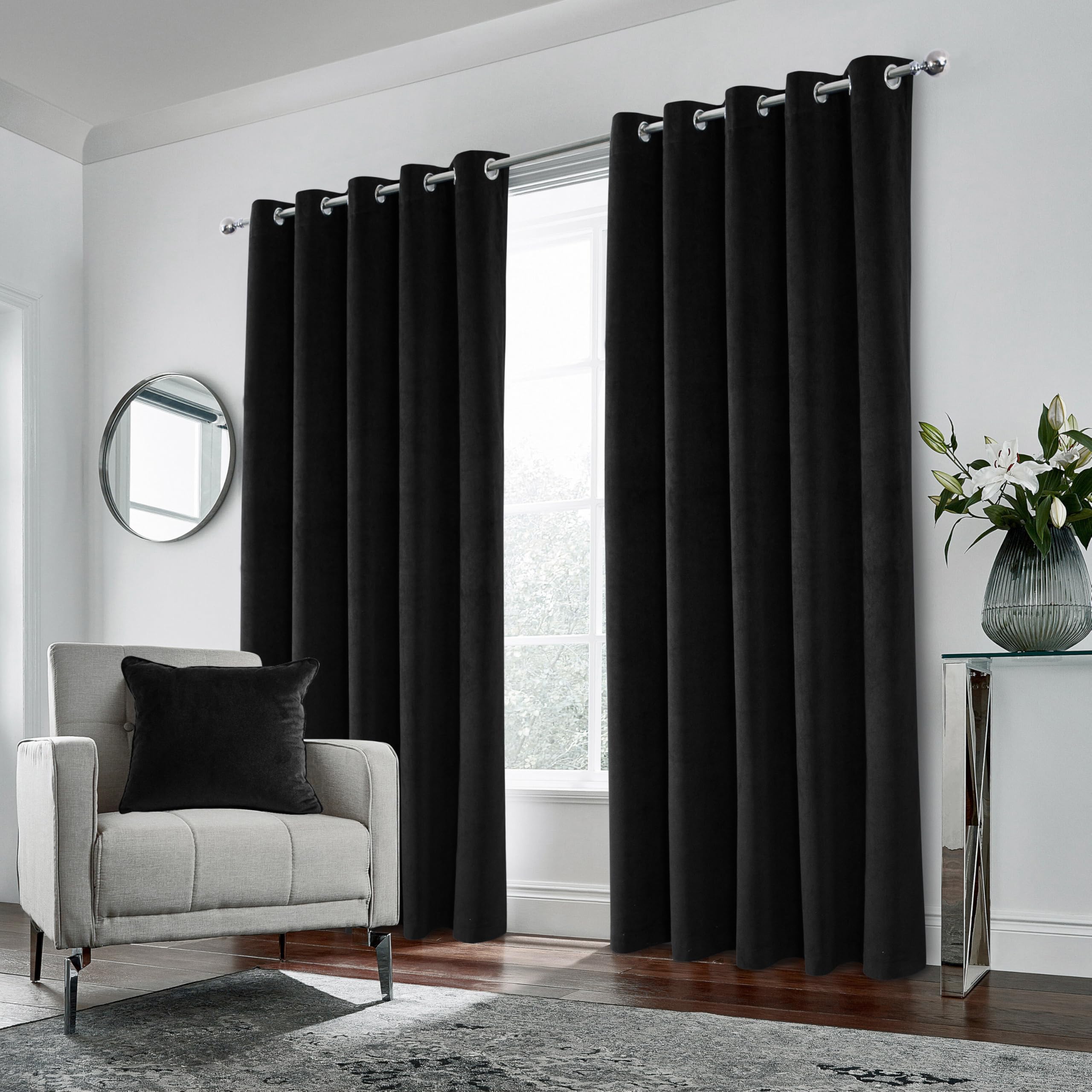 Enhanced Living Hampton Premium Velvet Black Blackout Curtains for Bedroom - 66x54 inch (168x137 cm) Supersoft Eyelet Curtains for Living Room - 2 x Curtain Panels