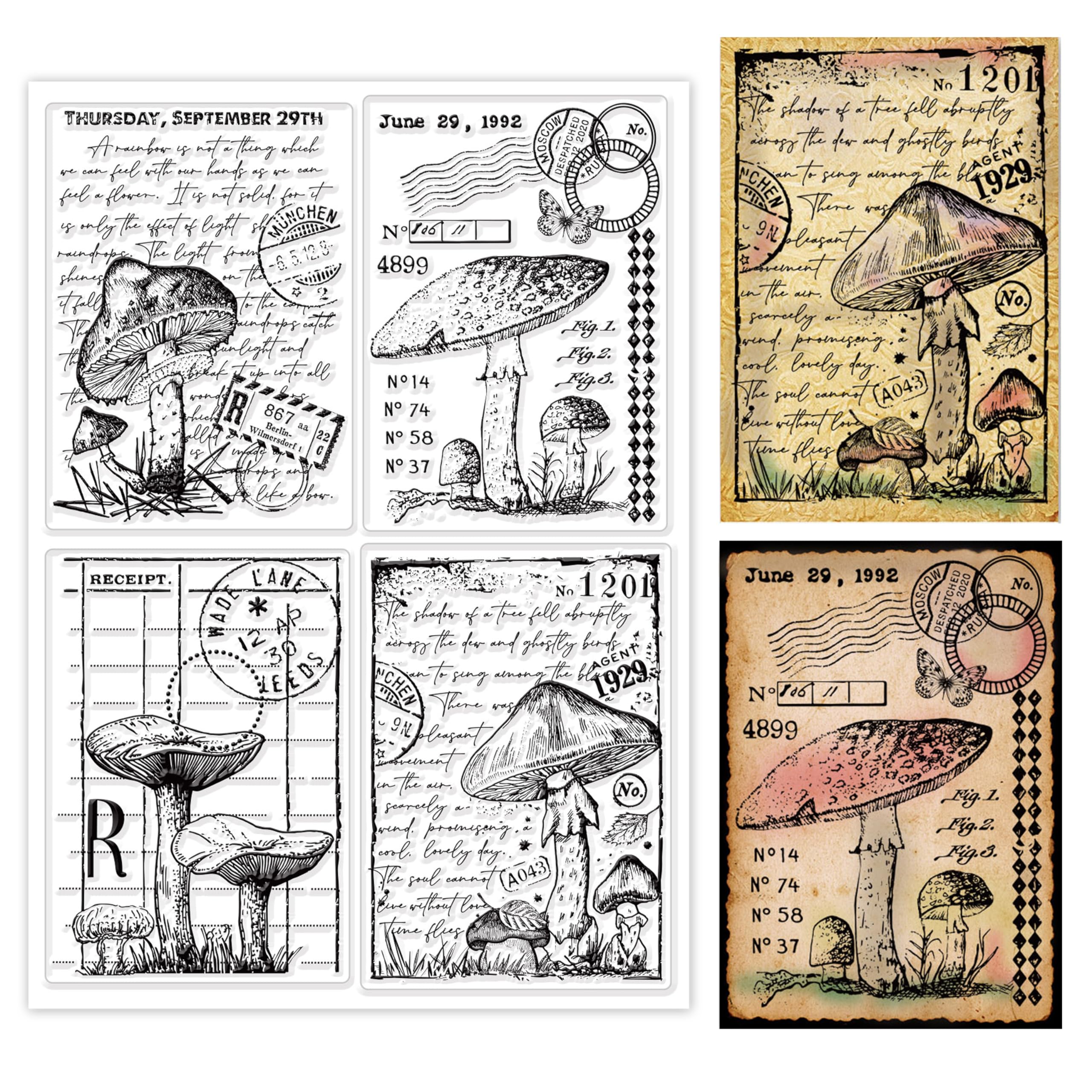 GLOBLELAND Vintage Mushrooms Background Clear Stamps Retro Postcard Words Silicone Clear Stamp Seals for Cards Making DIY Scrapbooking Photo Journal Album Decoration, 21x14.8cm