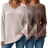 Velvelhall 3 Pack Women's Casual Lightweight Sweaters Long Sleeve Knitted Tops V Neck Ribbed Tops Loose Pullover Tees