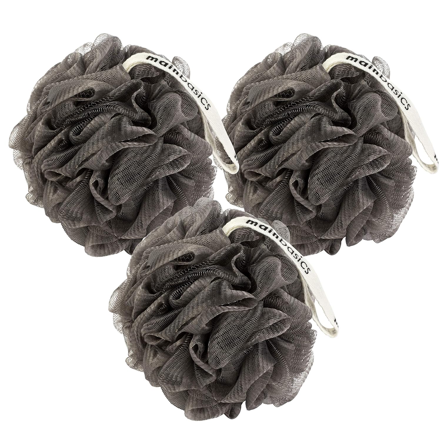 MainBasics Activated Charcoal Bath Shower Loofah Sponge Pouf Body Scrubber Exfoliator (Set of 3): Beauty