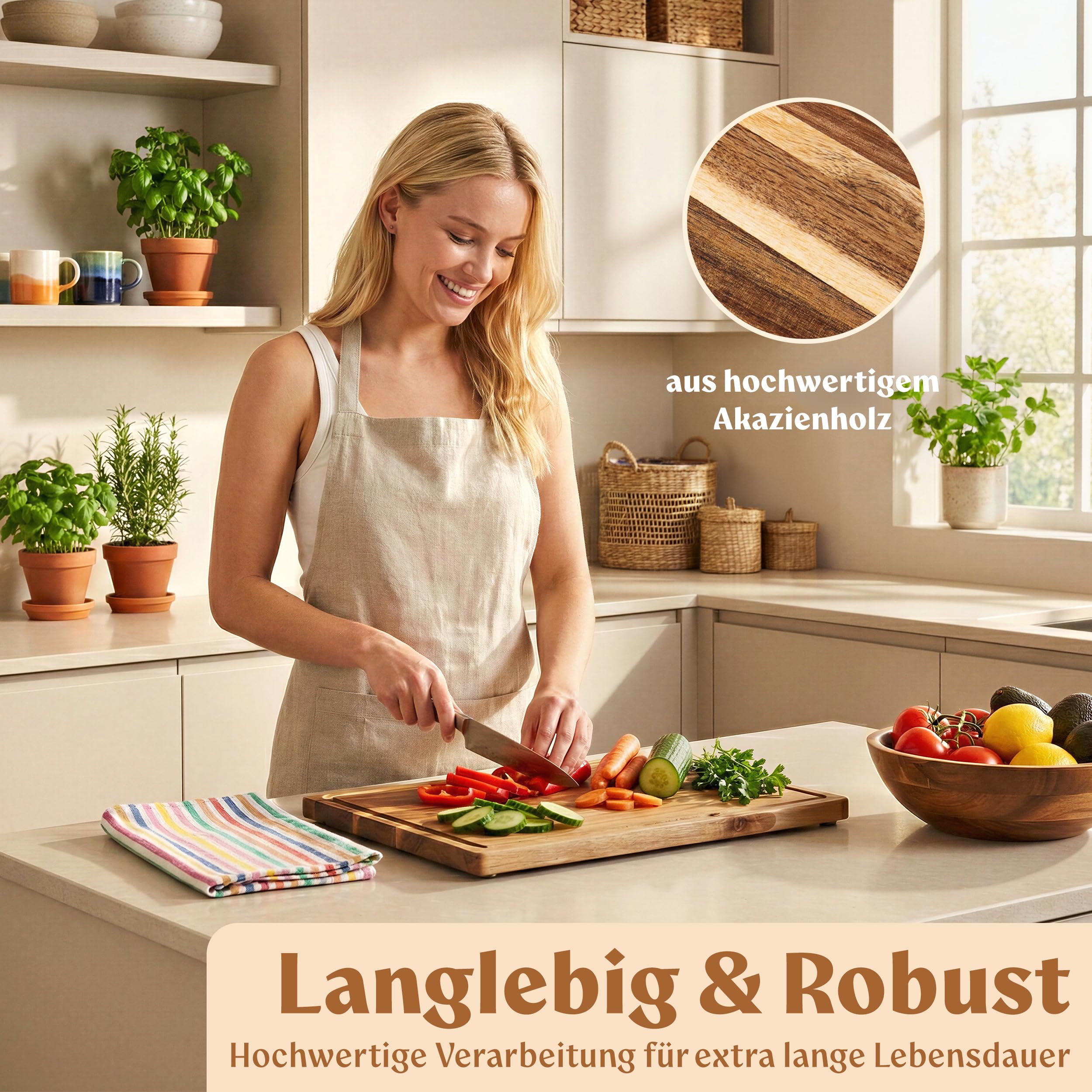 EDELHAUS Schneidebrett Holz 3er Set (40x30cm / 33x24cm / 26x18cm) Holzschneidebrett aus Massiver Akazie - 2cm dicke Holzbretter Küche mit Saftrille - Design Cutting Board Schneidbrett Set 3