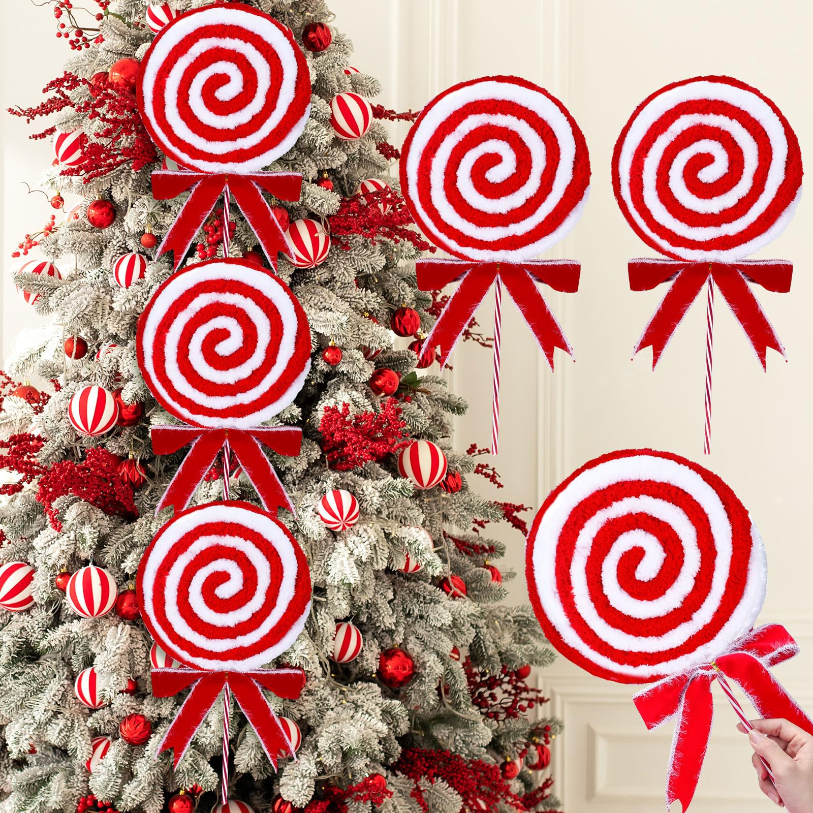 Photo 1 of 6 Pcs 16'' Christmas Candy Cane Ornaments Large Woolen Red and White Lollipop Christmas Tree Candy Cane Decoration Handcraft Peppermint Ornaments for Xmas Holiday New Year Party Supplies