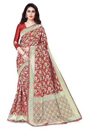 Womens Silk Blend Zari Motif Work Saree With Blouse Piece & Rich Pallu