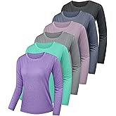 Kinglaman 6 Pack Women's Long Sleeve Workout Dry Fit Shirts, UPF 50+ Rash Guard SPF UV Sun Protection Shirts Crew Neck