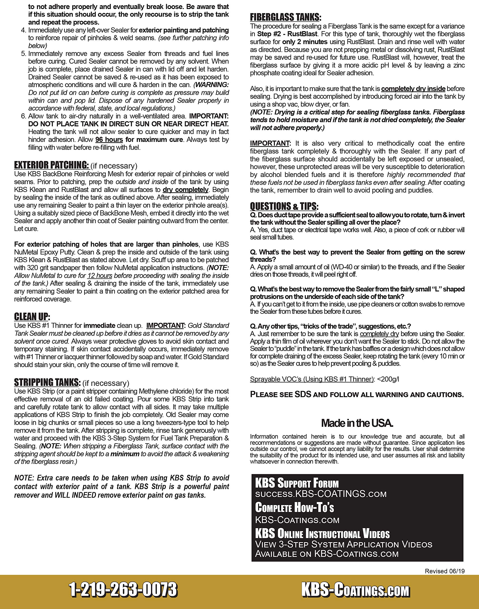 KBS Coatings 53000 Auto Fuel Tank Sealer Kit, Seals Up to 25 Gallon Tank 1.89 L