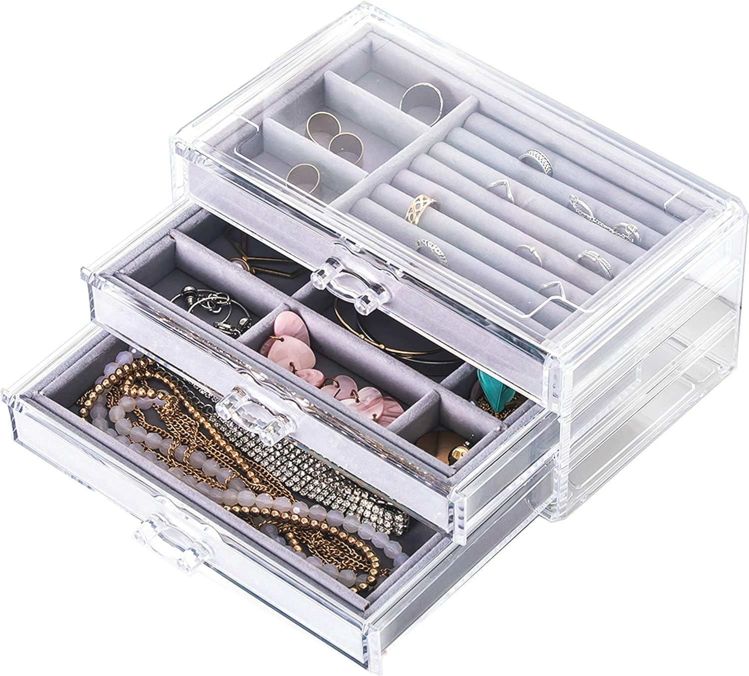 Clear Acrylic Jewelry Box With 3 Drawers,Velvet Jewellery Organizer for women, Earring Holder Rings Case Necklaces Bracelets Accessory Holder Organizer For Vanity Dresser,By Cq acrylic: Home Improvement