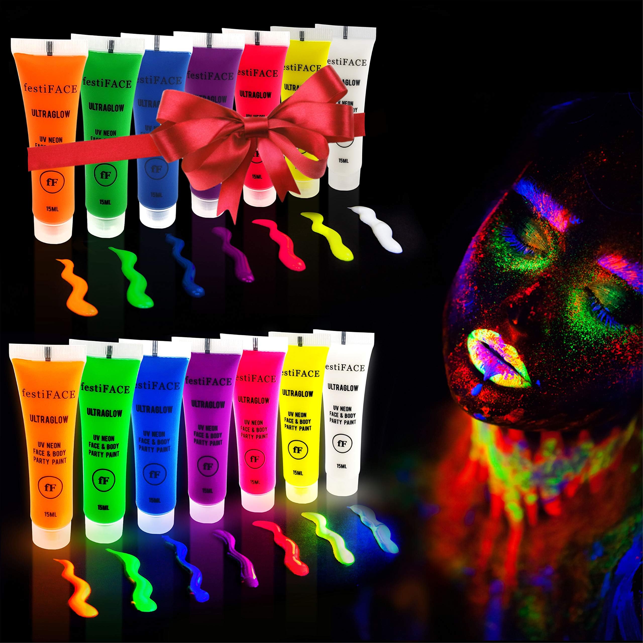 UV Neon Face and Body Black Light Paint Set | festiFACE Ultra Glow Super Fun Party Kit | 7 Large 0.5oz Blacklight Reactive Colors | Incredible Glowing and Fluorescent FX | 100% Non-Toxic