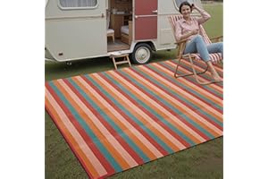 PureCozy Outdoor Waterproof Patio Rug 6x9 Plastic Straw Reversible Outside Orange Red Colorful Stripe Carpet Lightweight Large Rug for Camping RV Porch Deck Balcony Beach