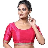 Madhu Fashion Womens Raw Silk Elbow Length Sleeves Readymade Saree Blouse