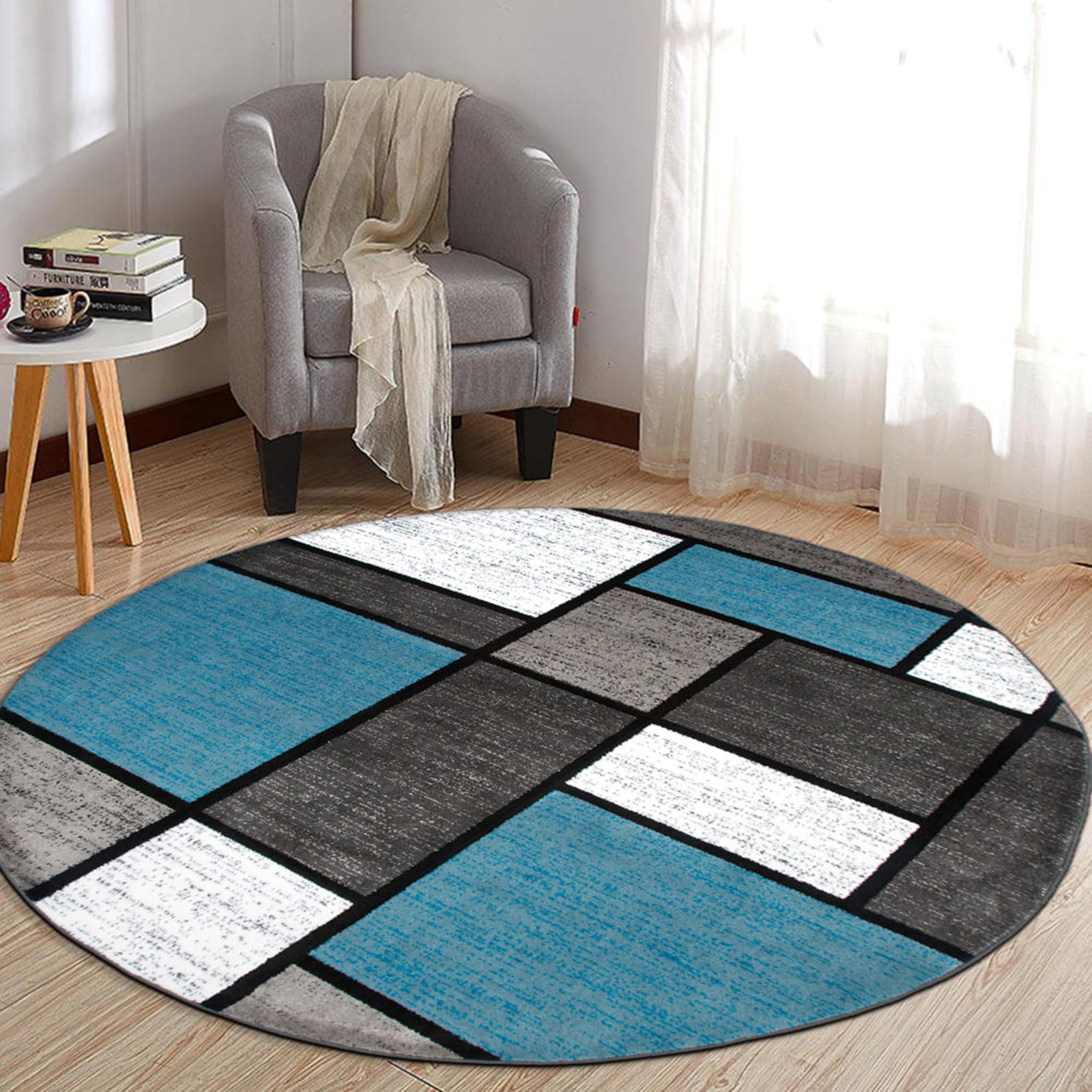 Rugshop Contemporary Modern Boxes for Home Office,Living Room,Bedroom,Kitchen Non Shedding Round Area Rug 8' Blue Image