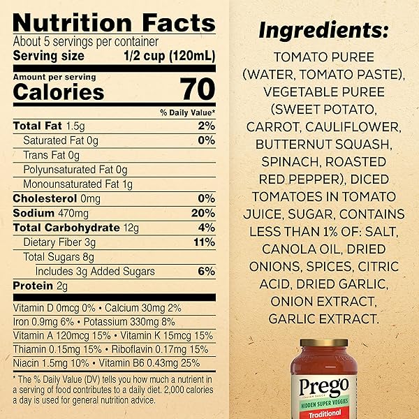 PREGO HIDDEN SUPER VEGGIES TRADITIONAL PASTA SAUCE, 24 OZ JAR (CASE OF 6)