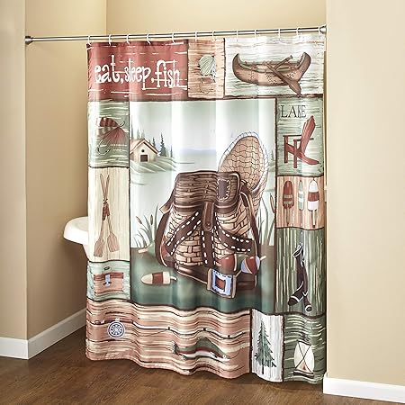 Amazon Com The Lakeside Collection Gone Fishing Shower Curtain With Hooks Rustic Bathroom Decor Home Kitchen