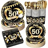 Pickmesh 400 Pcs 50th Wedding Anniversary Party Supplies - Black and Gold Disposable Paper Plates, Napkins and Cups - Tableware Decorations for Men and Women