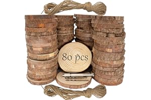 KXEXK Unfinished Natural Wooden Slices 80 Pcs 3.2-4 Inch Wood Circles for Crafts DIY Christmas Ornament Craft Wood Kit with Bit,Blank Round Wood Slice with Bark for Art,Painting,Party (80)