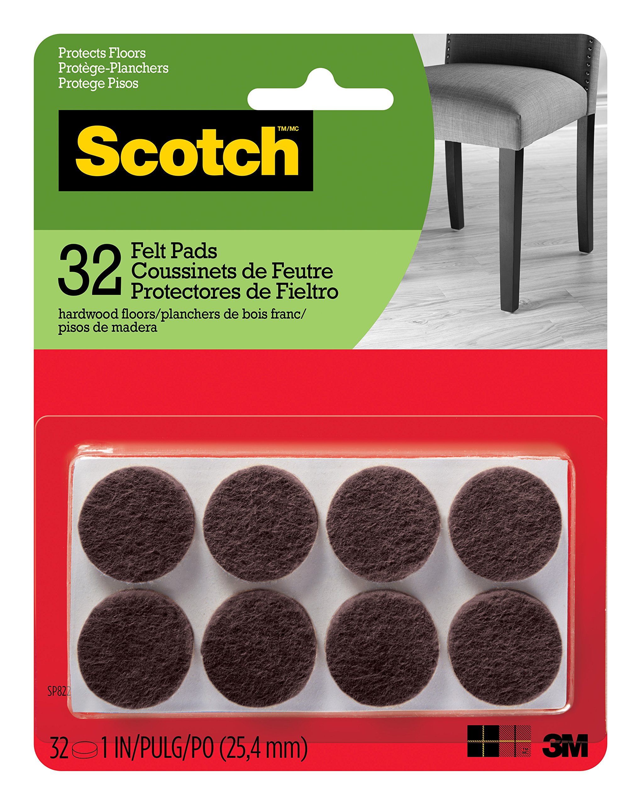 Scotch Felt Pads, Felt Furniture Pads for Protecting Hardwood Floors, Round, 1 in. Diameter, Brown, 32 Pads