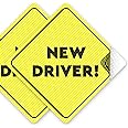 New Driver Sticker Sign for Car - Essential Signs for Student Drivers - 5" X 5" - 2 Pack - NON-MAGNETIC Stickers - Bright Yel