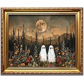 Vintage Ghost Forest Wall Art, Dark Moon Landscape Decor Gold Frame 11x9in | Cute Ghosts in a Moonlit Forest with Colorful Wildflowers, Spooky Cottagecore for Bedroom Living Room Halloween Decor