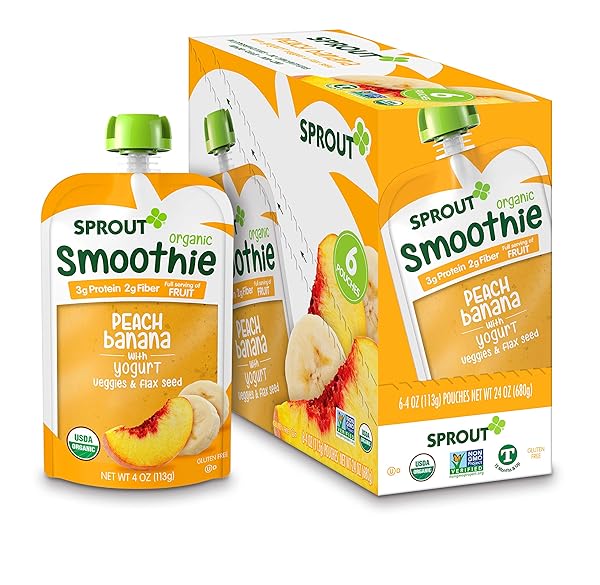 SPROUT ORGANIC TODDLER SMOOTHIE, PEACH BANANA W/ YOGURT, 4 OUNCE POUCH (PACK OF 6)