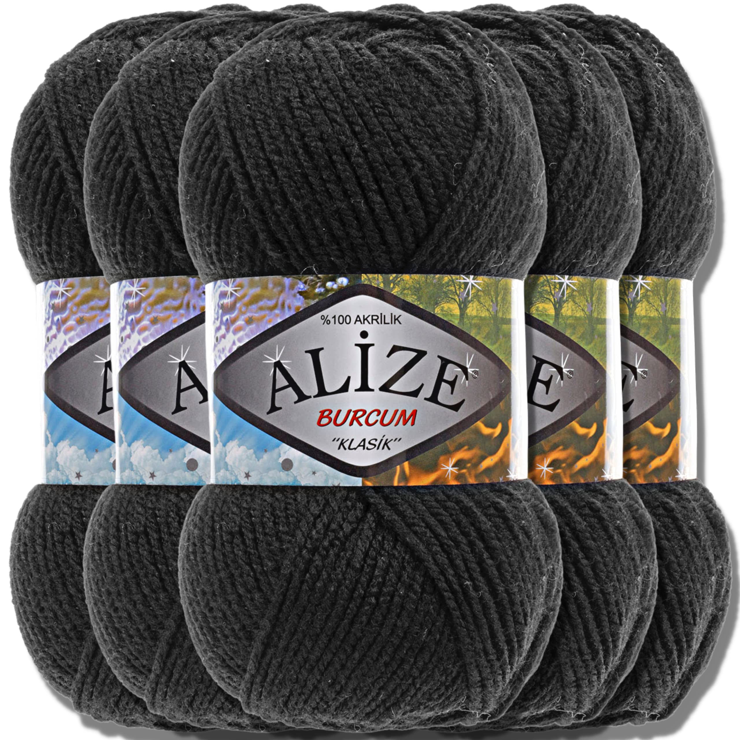 Alize 5 x 100 g Burcum Klasik Classic Turkish Premium Wool, 100% Acrylic Hand Knitting Yarn, Plain | Yarn, Baby Wool, Knitting Yarn, Baby Crochet, Knitting (Black, 60)