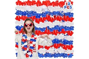 Arrowom 4th of July Leis Decorations, 12pcs Red Blue White Patriotic Leis Clothing Costume, Fourth of July Silk Flower Costume Accessories, Independence Day Bulk for Patriotic Parade Party Favors