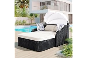 IBRACCIENI Outdoor Chaise Lounge Sunbed - Patio Wicker Lounge Daybed with Adjustable Canopy, Cushions & Pillows, Modern Versatile Recliner Sofa Bed for Poolside Garden Backyard Sunbathing Tanning, Beige & Black